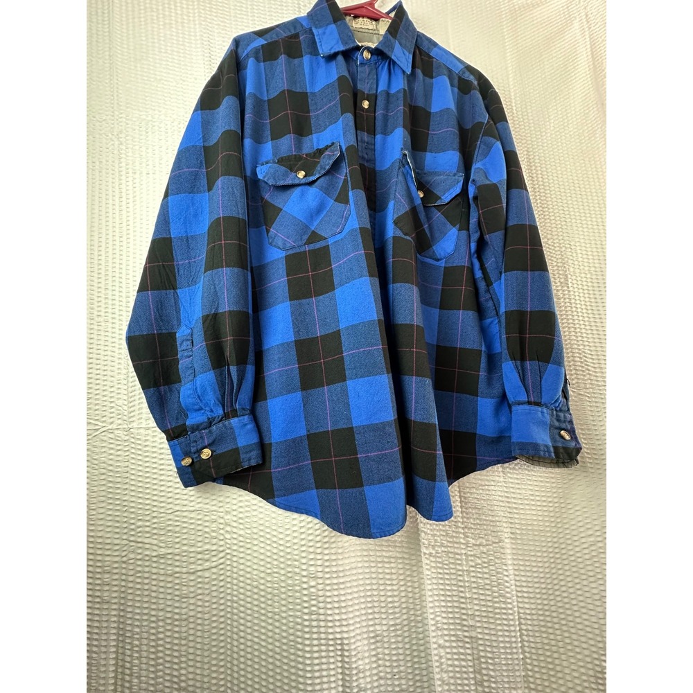 Vintage Dry Goods Saugatuck Plaid‎ Flannel Shirt Men's L Blue Black Check Button - Picture 5 of 10